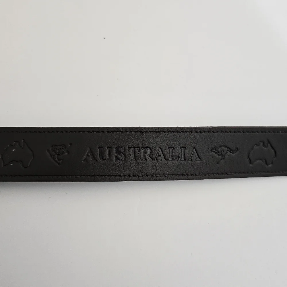 AUSTRALIA‎ belt size 36 Leather Brown Embossed Kangaroo Map Symbols Gold Buckle